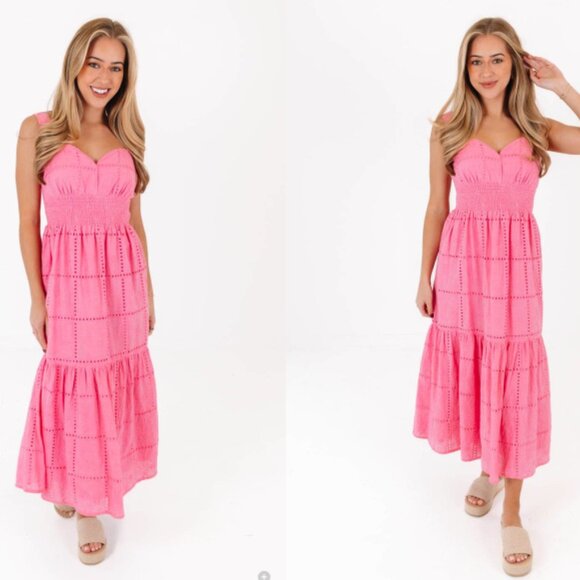 J.Marie Dresses & Skirts - J Marie Presley Eyelet Midi Dress Womens Medium Pink Lace Lined NEW